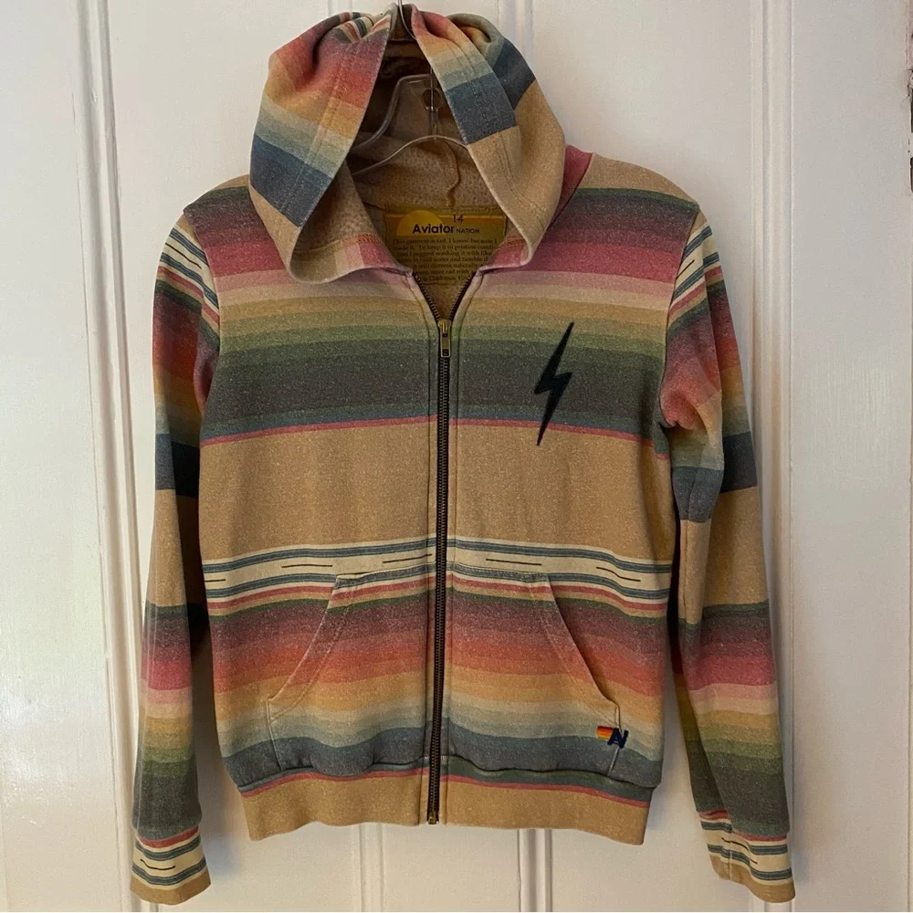 Aviator Nation Hoodie Youth 14 Zip up Sweatshirt Colorful Stripe Fleece Tulum - Picture 1 of 9
